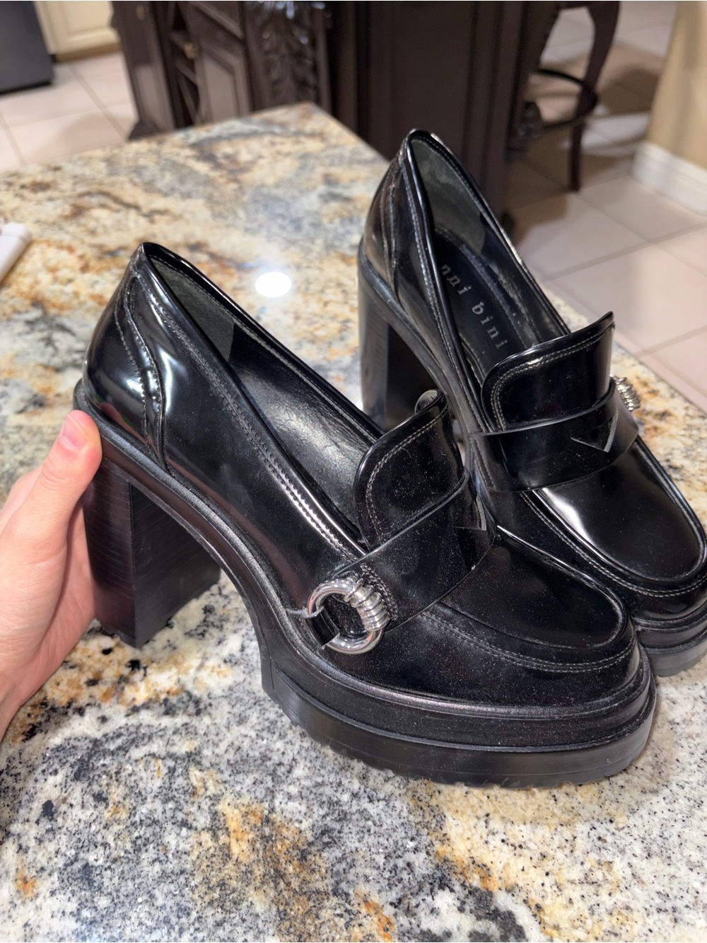 Women's Black Platform Block Heel Loafer